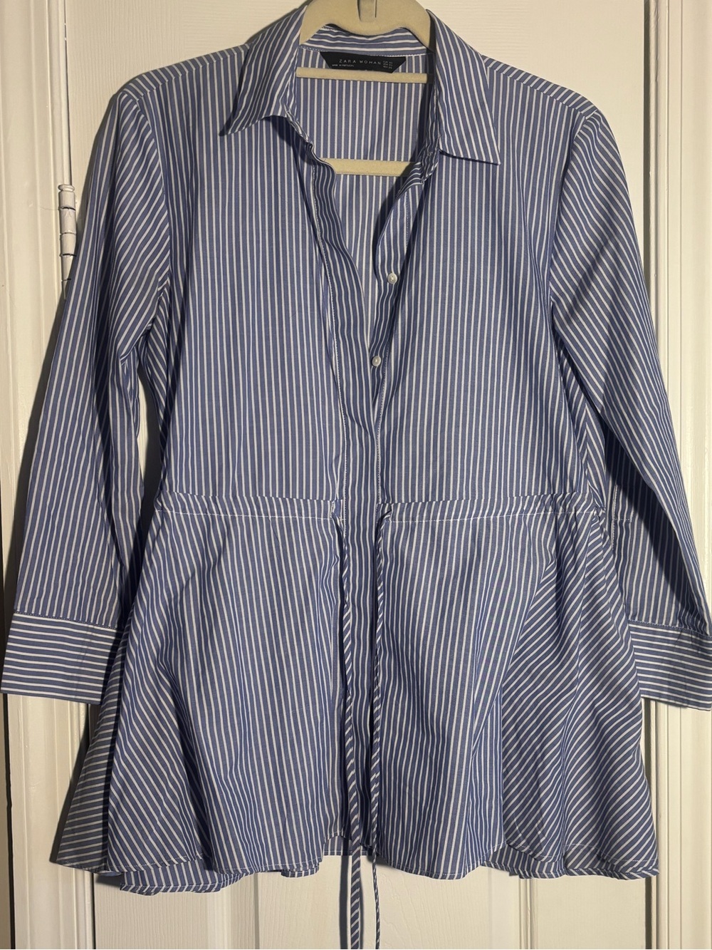Zara Woman Blue and White Vertical Stripe Shirt